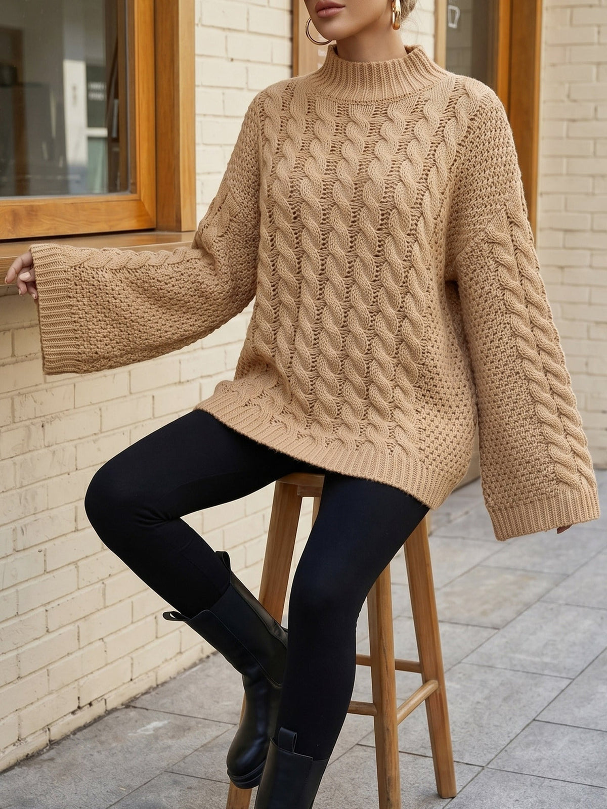 Pullover Women's High Neck Cable Knit Sweater with Bell Sleeves | L&S - 12 - London-stylehouse.com