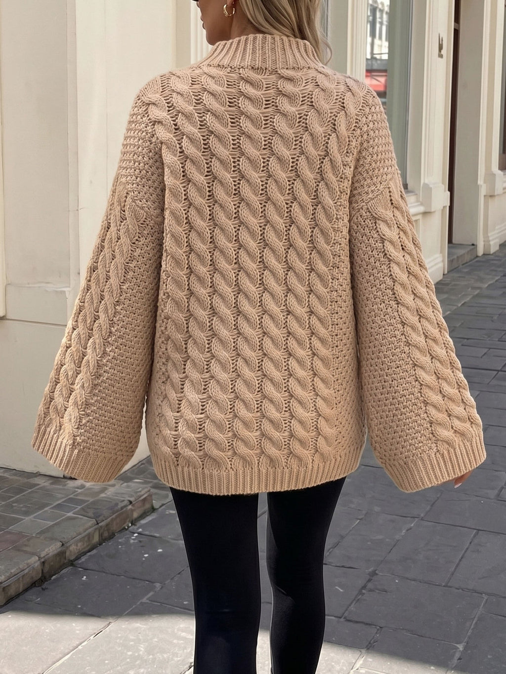 Pullover Women's High Neck Cable Knit Sweater with Bell Sleeves | L&S - 14 - London-stylehouse.com