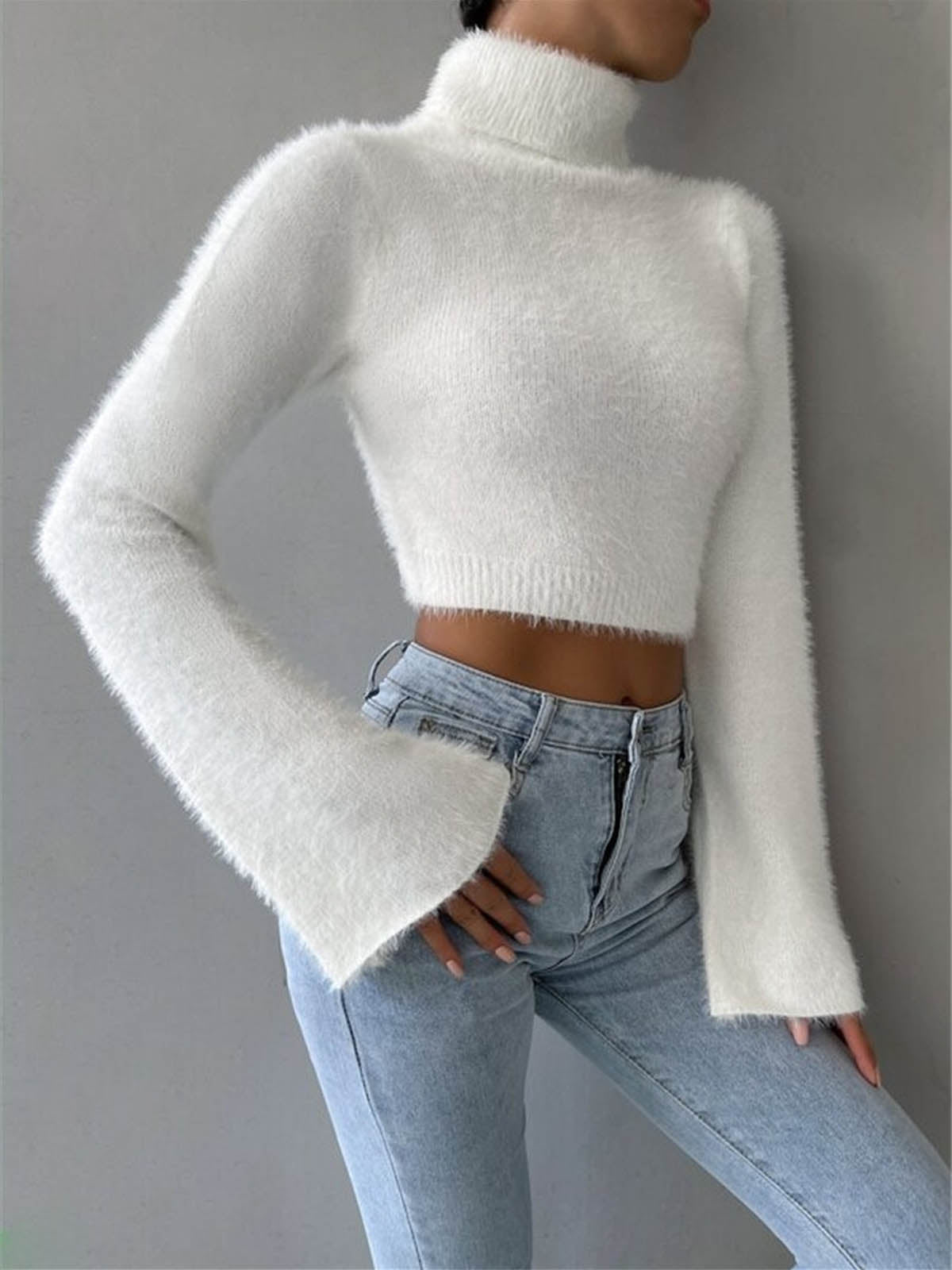 Pullover Women's High Neck Cropped Fit with Flared Sleeves | L&S - 2 - London-stylehouse.com