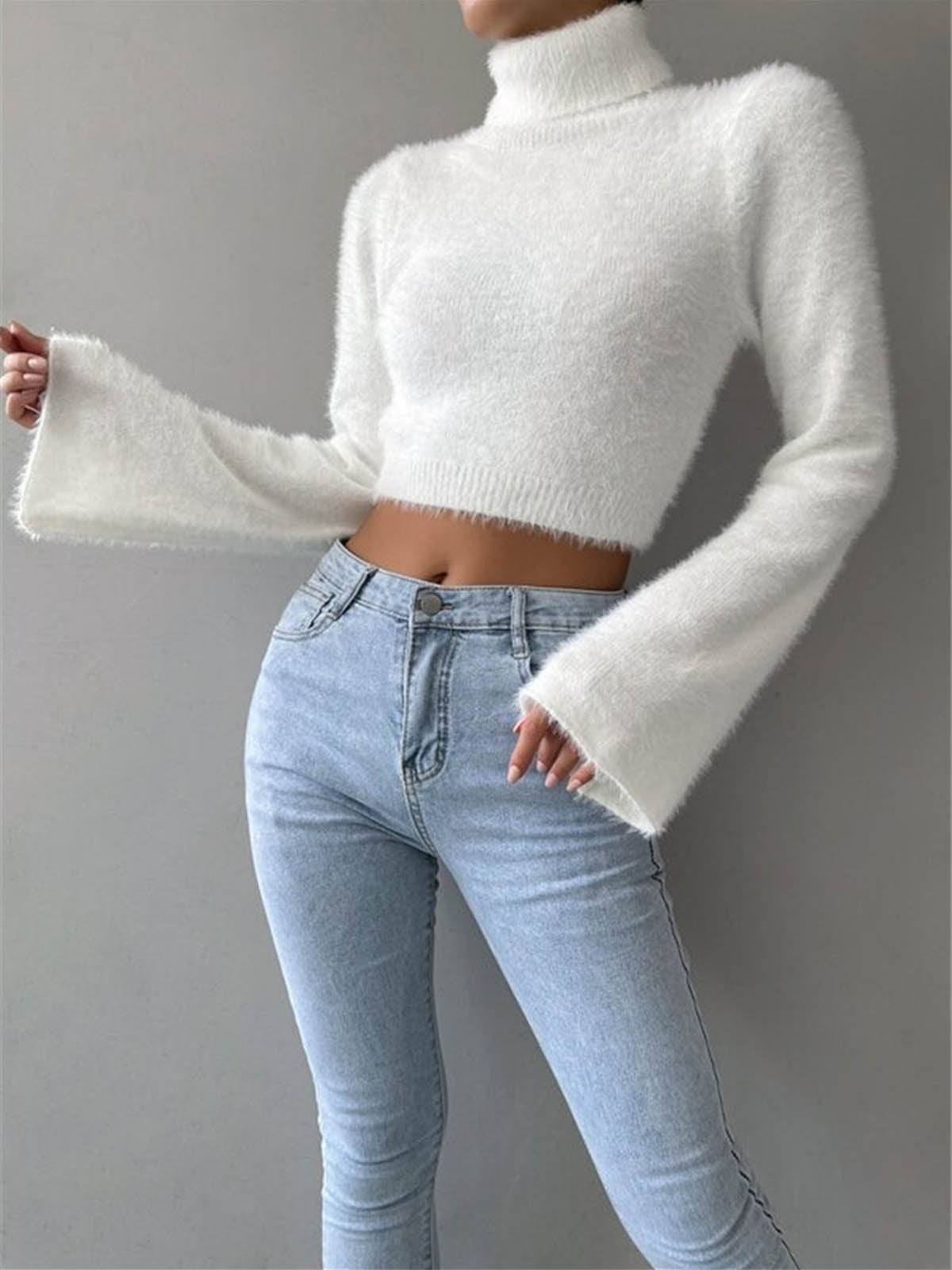 Pullover Women's High Neck Cropped Fit with Flared Sleeves | L&S - 3 - London-stylehouse.com