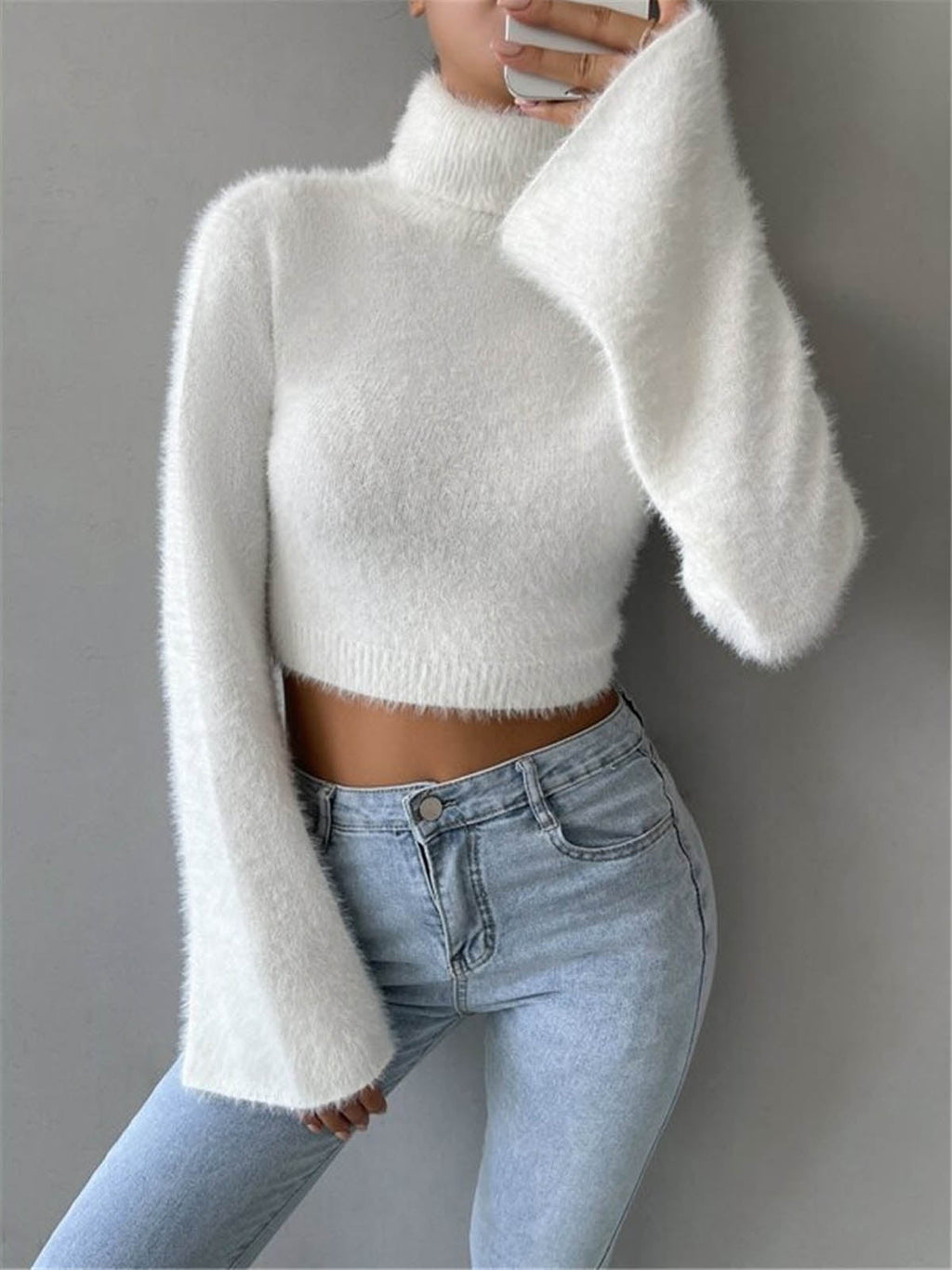 Pullover Women's High Neck Cropped Fit with Flared Sleeves | L&S - 4 - London-stylehouse.com
