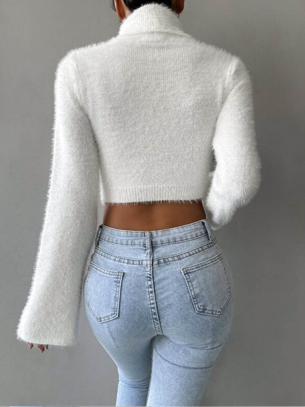 Pullover Women's High Neck Cropped Fit with Flared Sleeves | L&S - 5 - London-stylehouse.com