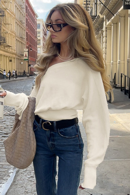 Pullover Women's Off-the-Shoulder Wide Cut with Ribbed Hem | L&S - 3 - London-stylehouse.com