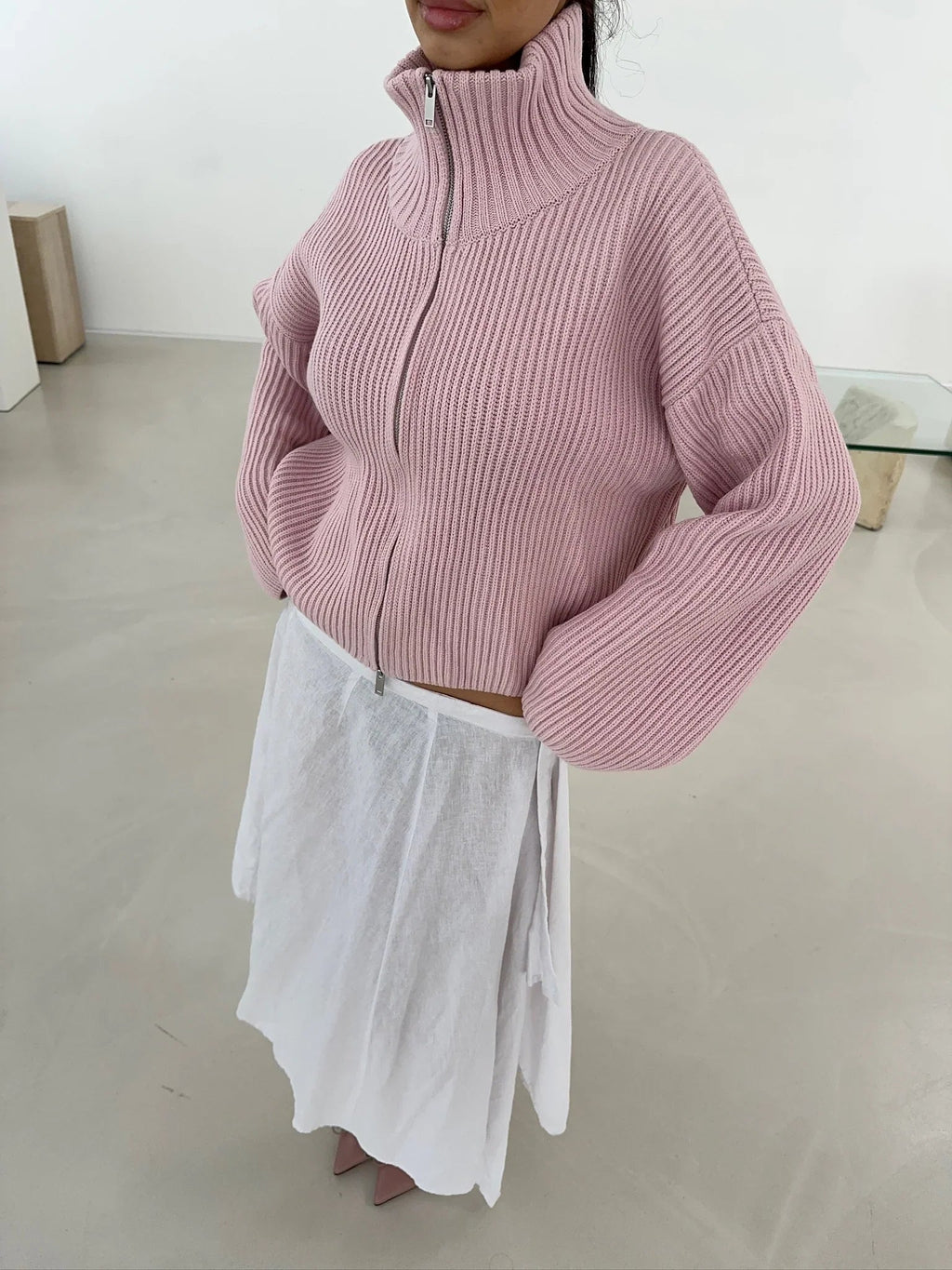 Women's High Neck Ribbed Pullover with Zip | L&S - 2 - London-stylehouse.com