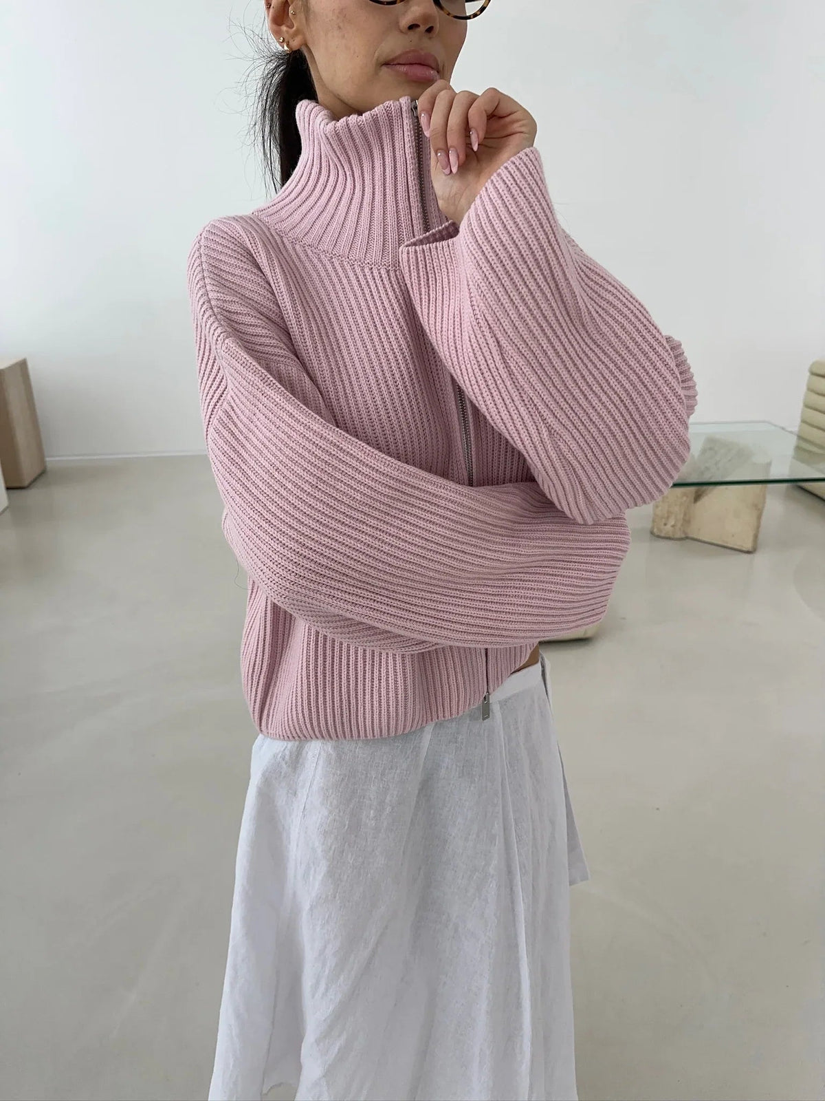 Women's High Neck Ribbed Pullover with Zip | L&S - 3 - London-stylehouse.com