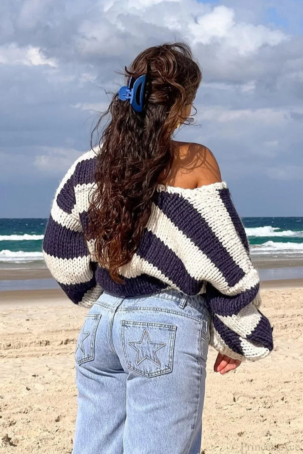 Pullover Women's Oversized Off-Shoulder Striped Design with Relaxed Fit | L&S - 2 - London-stylehouse.com