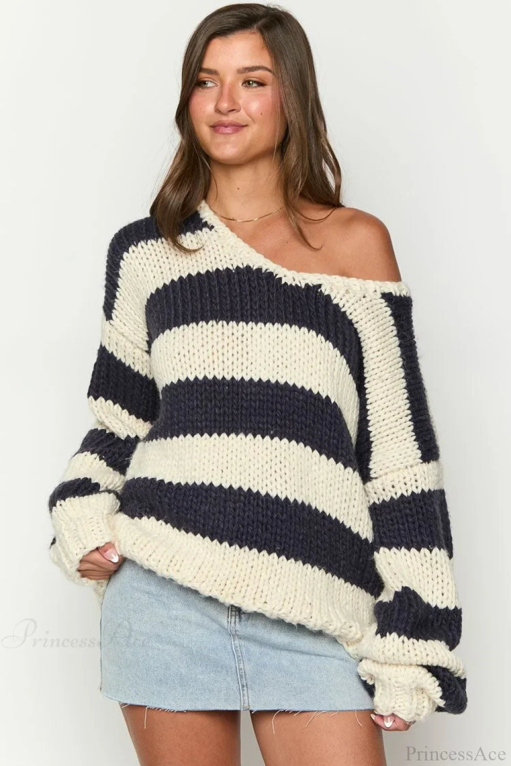 Pullover Women's Oversized Off-Shoulder Striped Design with Relaxed Fit | L&S - 3 - London-stylehouse.com