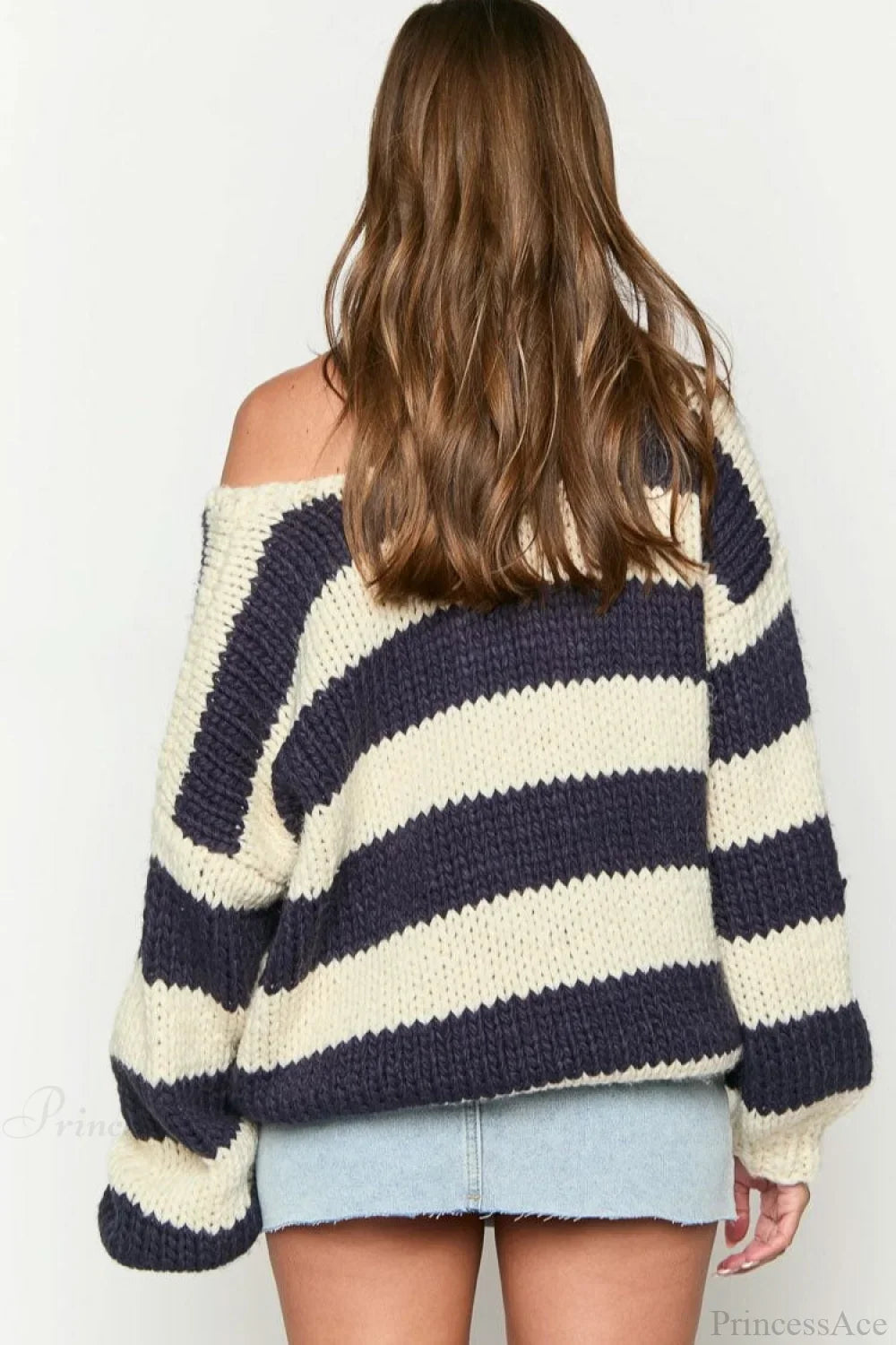 Pullover Women's Oversized Off-Shoulder Striped Design with Relaxed Fit | L&S - 4 - London-stylehouse.com