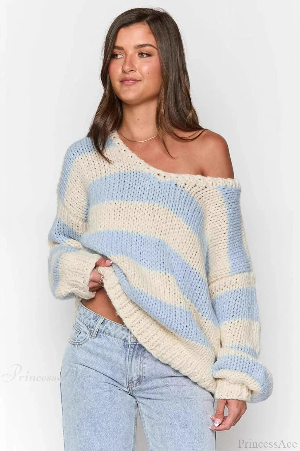 Pullover Women's Oversized Off-Shoulder Striped Design with Relaxed Fit | L&S - 7 - London-stylehouse.com