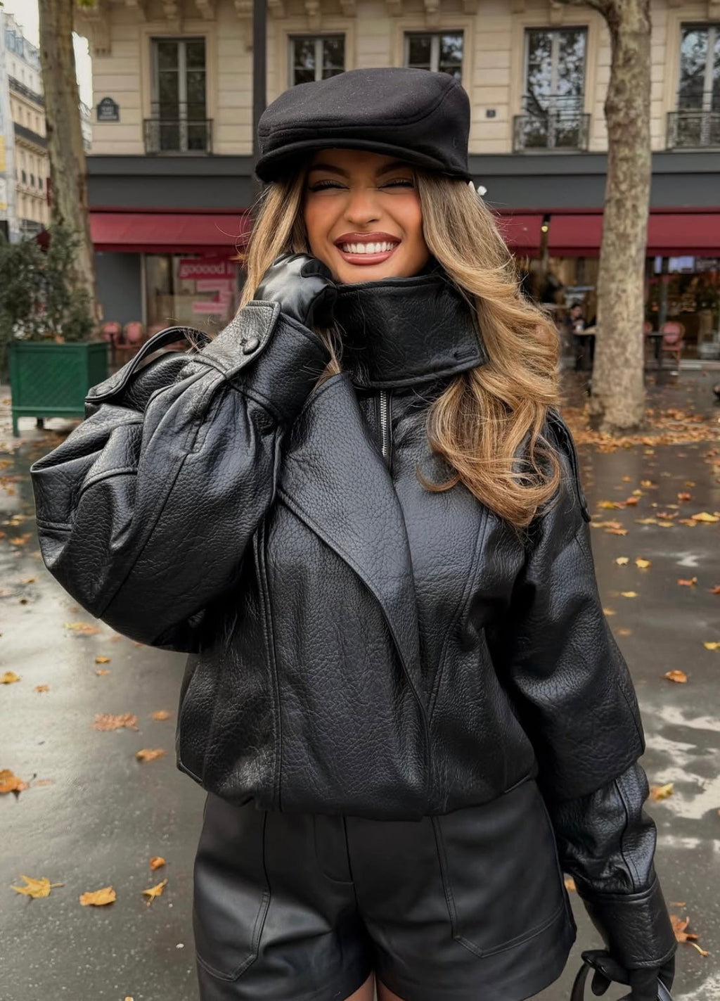 Leather Jacket Women's Oversized Fit with High Collar and Zip Closure | L&S - 3 - London-stylehouse.com