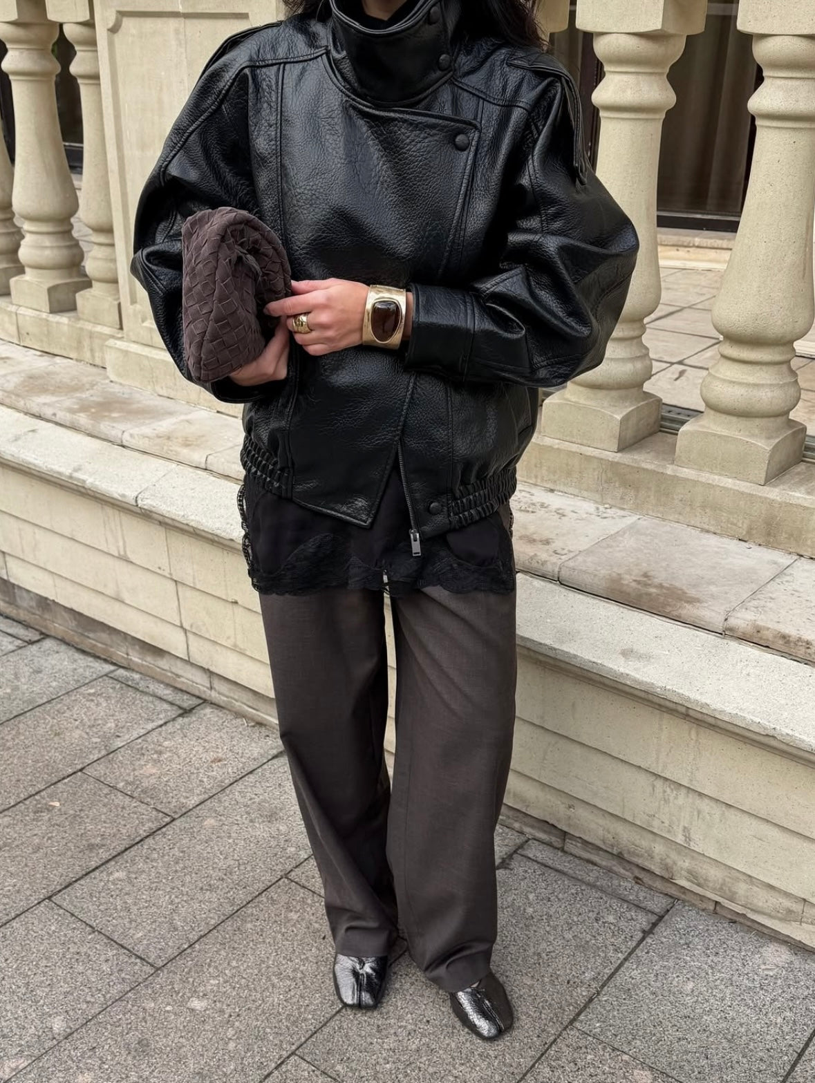 Leather Jacket Women's Oversized Fit with High Collar and Zip Closure | L&S - 4 - London-stylehouse.com