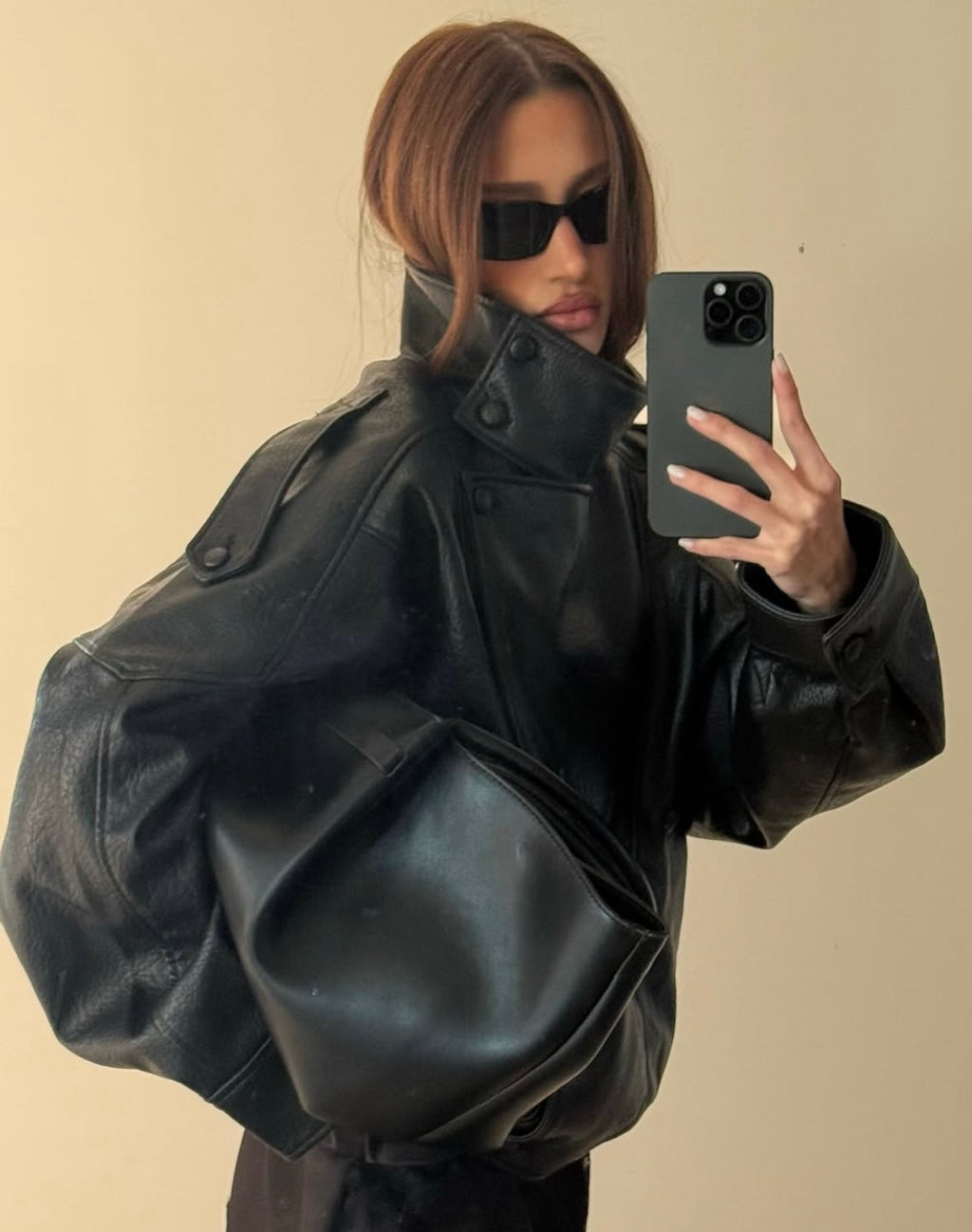 Leather Jacket Women's Oversized Fit with High Collar and Zip Closure | L&S - 5 - London-stylehouse.com