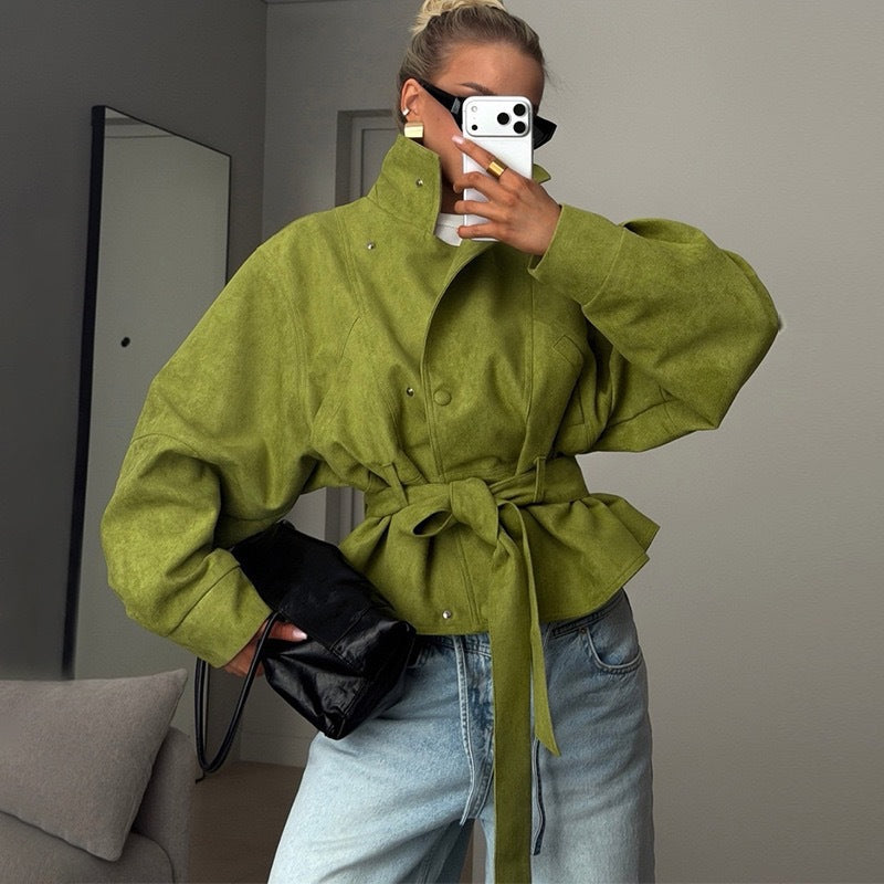 Women's Belted High Collar Jacket with Relaxed Fit | L&S - 1 - London-stylehouse.com