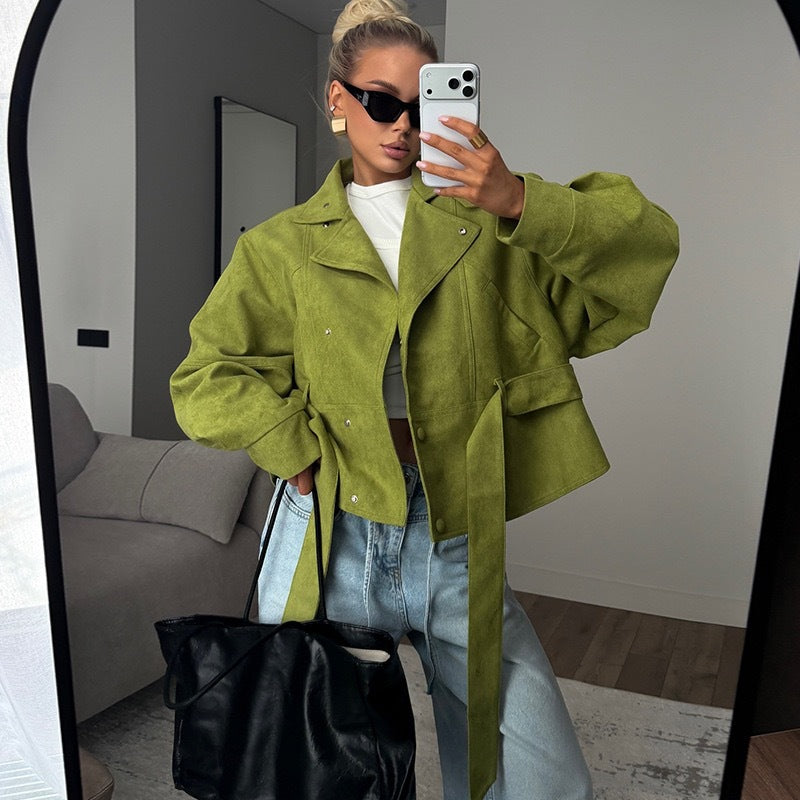 Women's Belted High Collar Jacket with Relaxed Fit | L&S - 2 - London-stylehouse.com