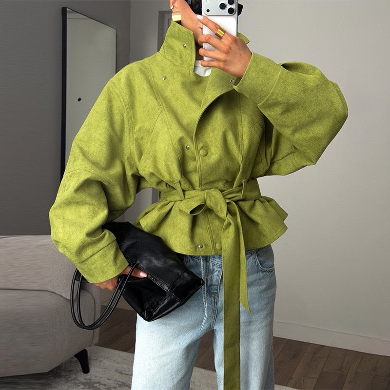 Women's Belted High Collar Jacket with Relaxed Fit | L&S - 3 - London-stylehouse.com