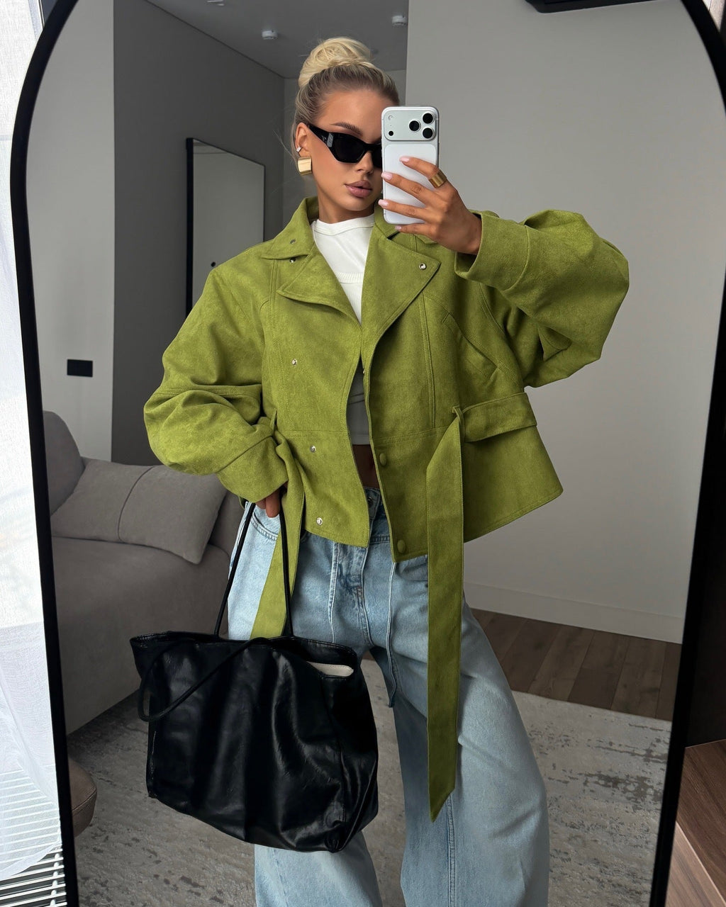 Women's Belted High Collar Jacket with Relaxed Fit | L&S - 7 - London-stylehouse.com