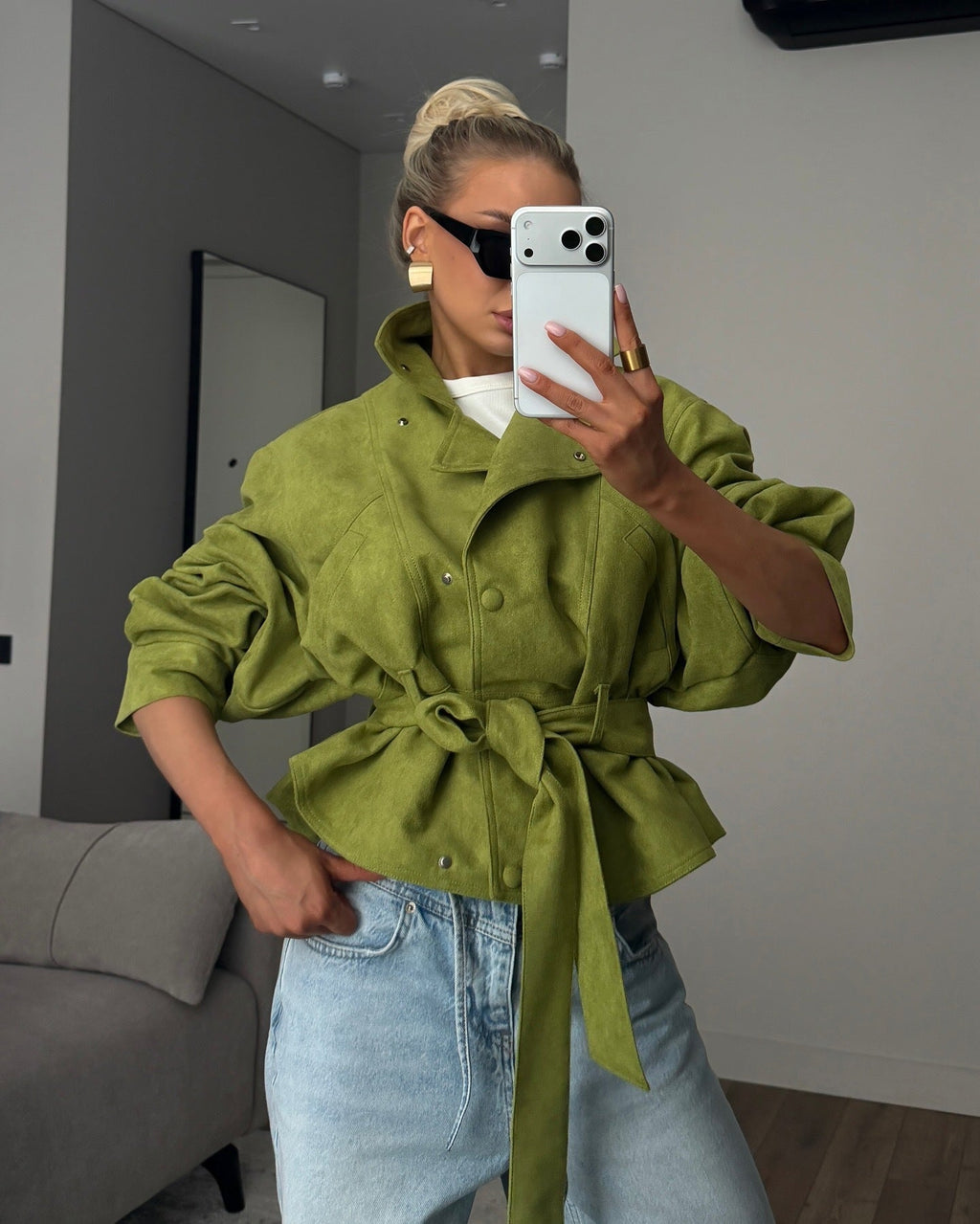 Women's Belted High Collar Jacket with Relaxed Fit | L&S - 9 - London-stylehouse.com