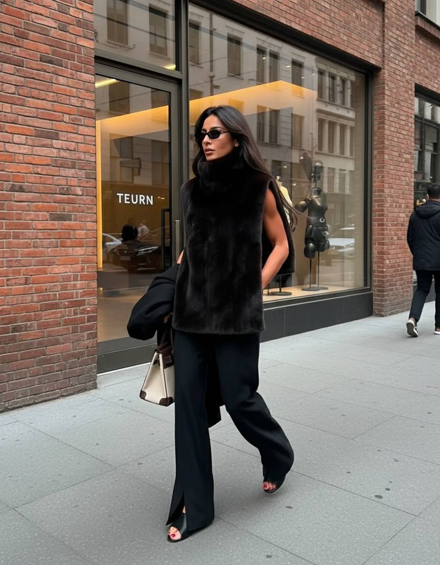 Women's Sleeveless Fur Vest with High Collar | L&S - 2 - London-stylehouse.com