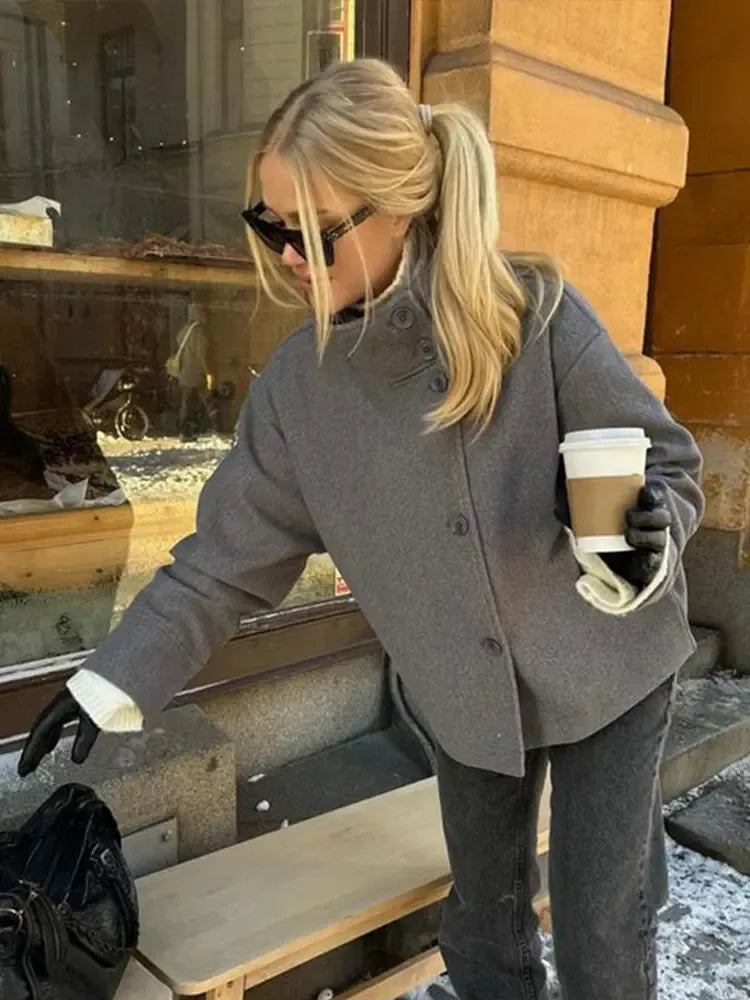 Women's Oversized Jacket with High Collar | L&S - 1 - London-stylehouse.com