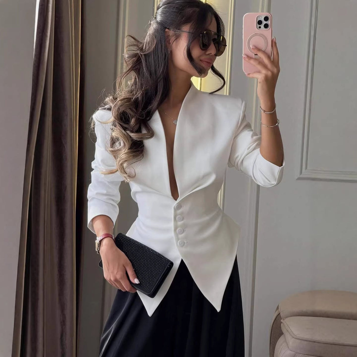 Tailored Blazer Women's with Deep V-Neck and Button Closure | L&S - 1 - London-stylehouse.com