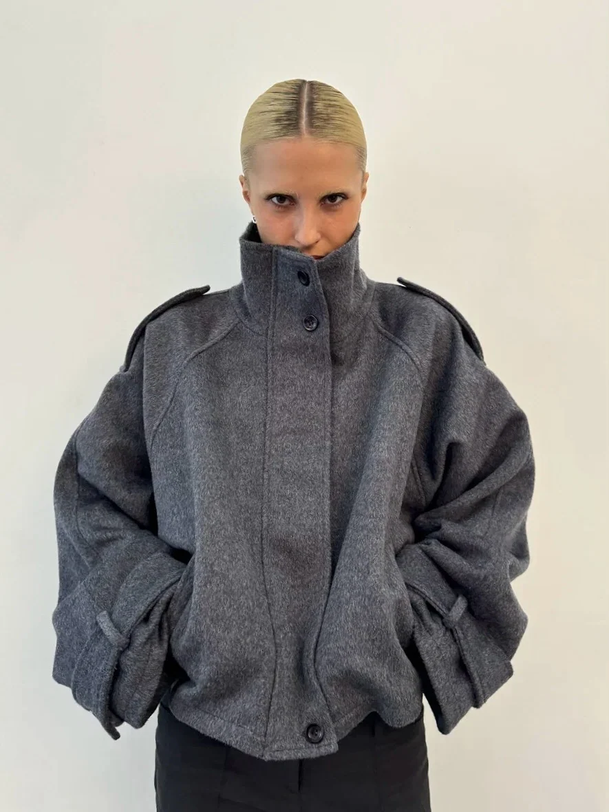 Jacket Women's Oversized Fit with High Collar and Button Detail | L&S - 1 - London-stylehouse.com
