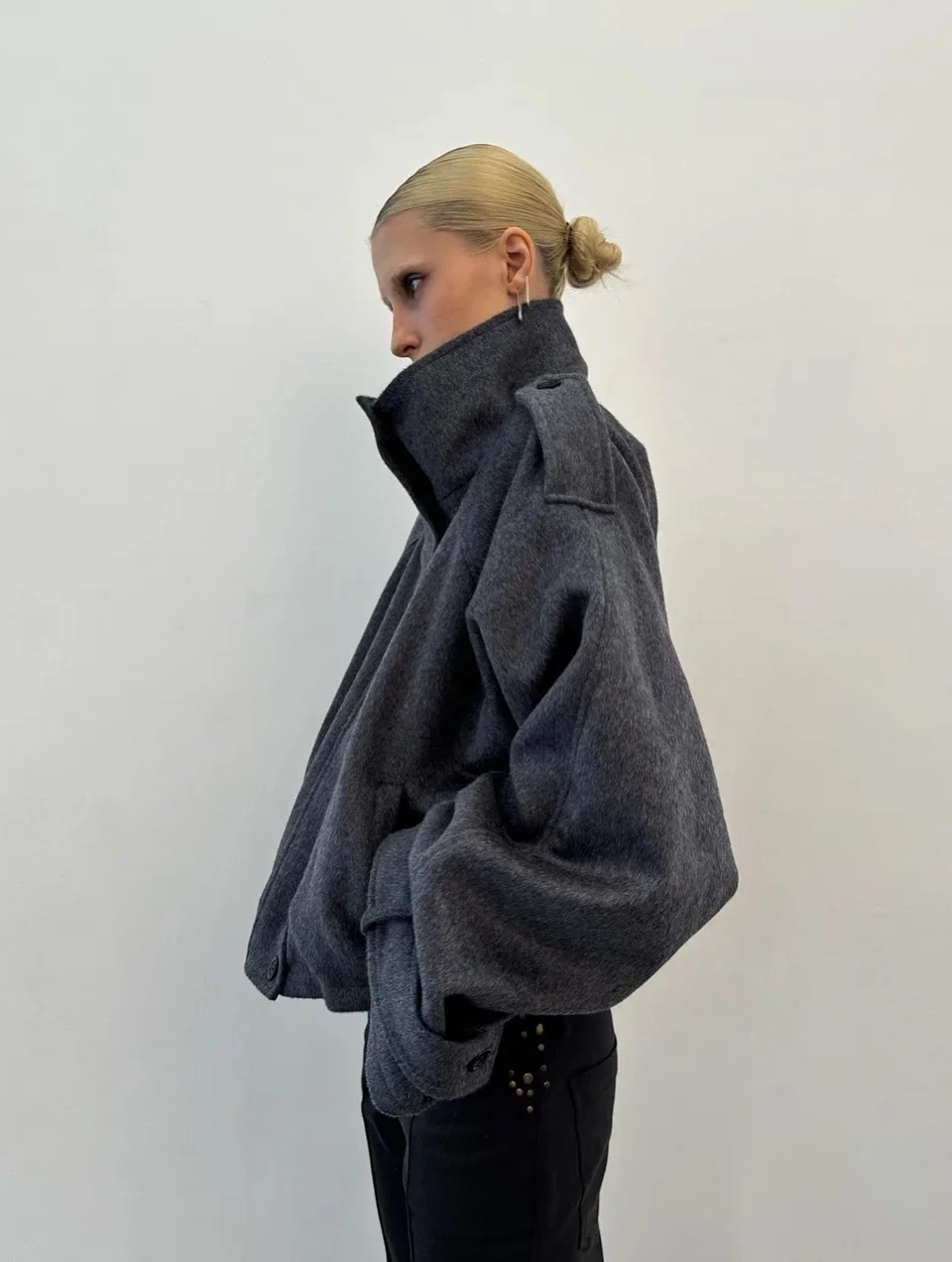 Jacket Women's Oversized Fit with High Collar and Button Detail | L&S - 2 - London-stylehouse.com