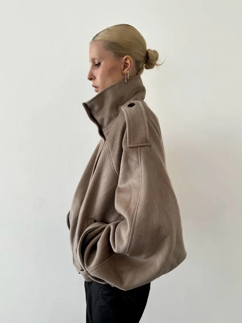 Jacket Women's Oversized Fit with High Collar and Button Detail | L&S - 5 - London-stylehouse.com