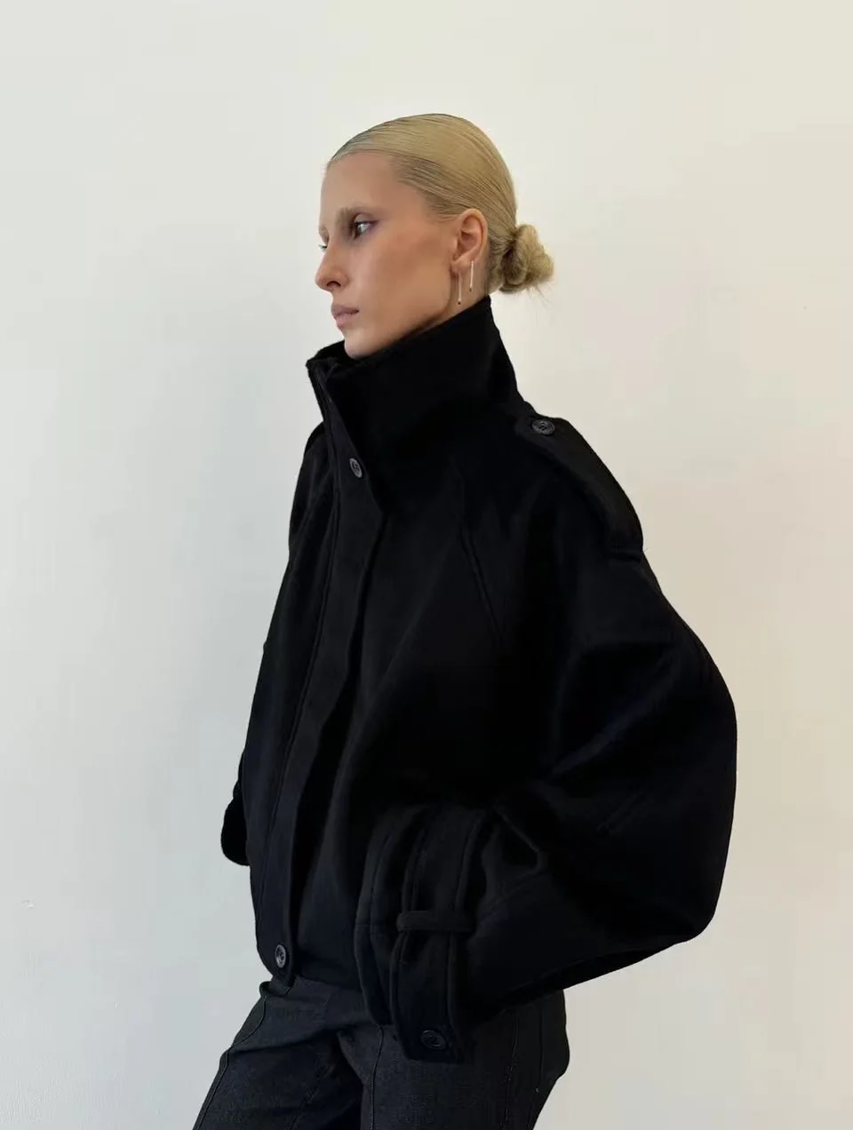 Jacket Women's Oversized Fit with High Collar and Button Detail | L&S - 8 - London-stylehouse.com