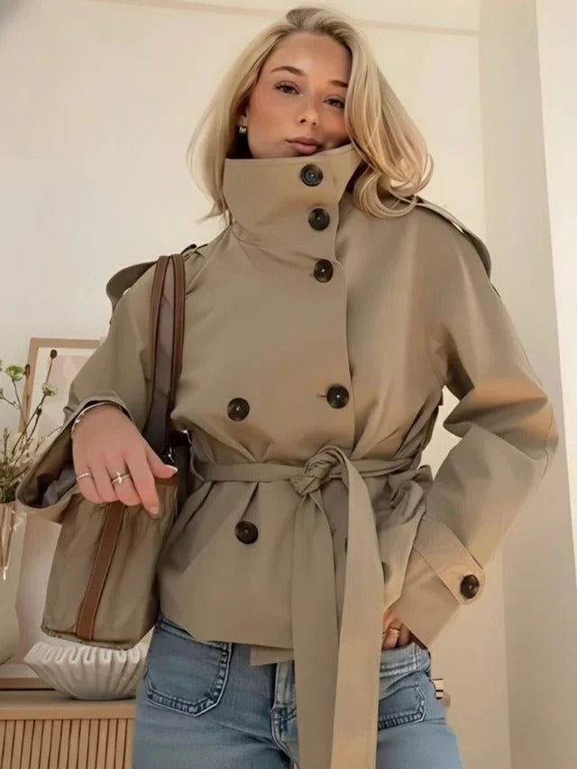 Women's Belted Jacket with High Collar and Double-Breasted Buttons | L&S - 1 - London-stylehouse.com