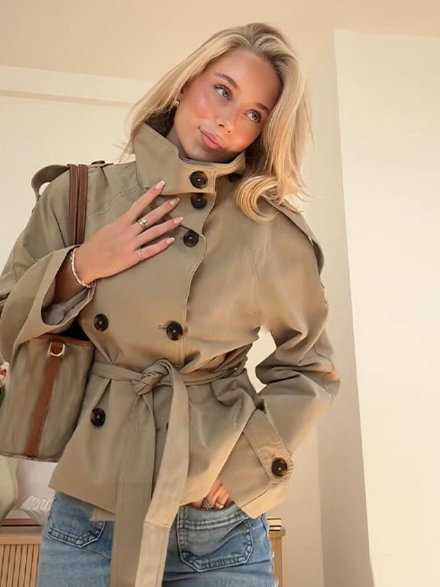 Women's Belted Jacket with High Collar and Double-Breasted Buttons | L&S - 2 - London-stylehouse.com
