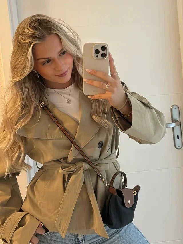 Women's Belted Jacket with High Collar and Double-Breasted Buttons | L&S - 3 - London-stylehouse.com