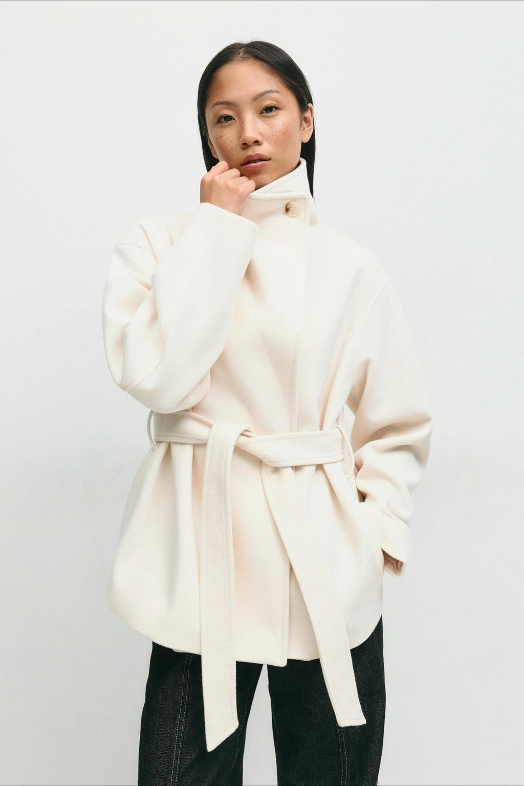Jacket Women's Relaxed Fit with High Collar and Belt | L&S - 1 - London-stylehouse.com