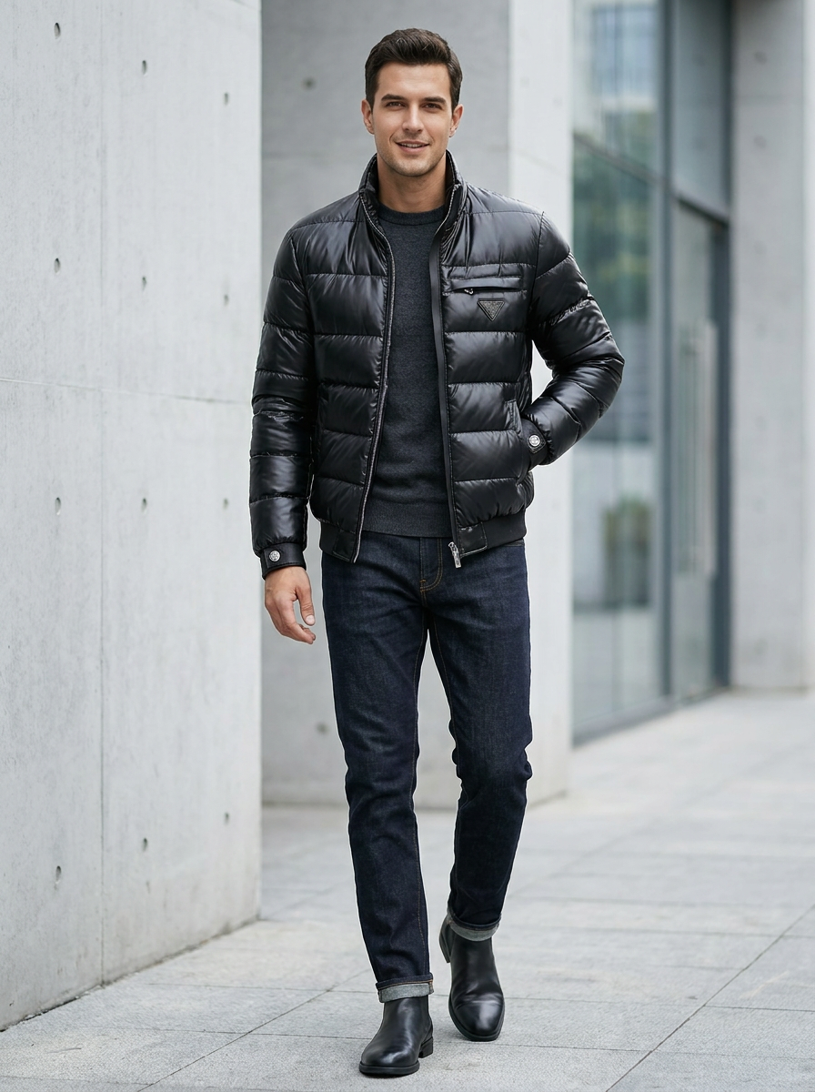 Men's Puffer Jacket with High Collar & Zip Pockets | L&S - 1 - London-stylehouse.com