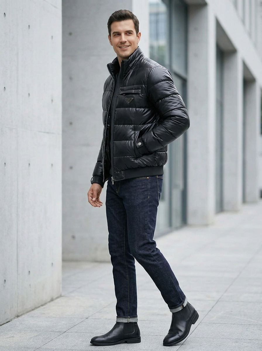 Men's Puffer Jacket with High Collar & Zip Pockets | L&S - 2 - London-stylehouse.com