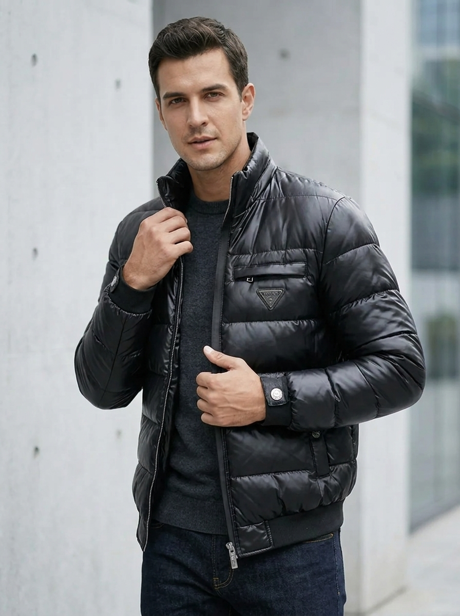 Men's Puffer Jacket with High Collar & Zip Pockets | L&S - 3 - London-stylehouse.com