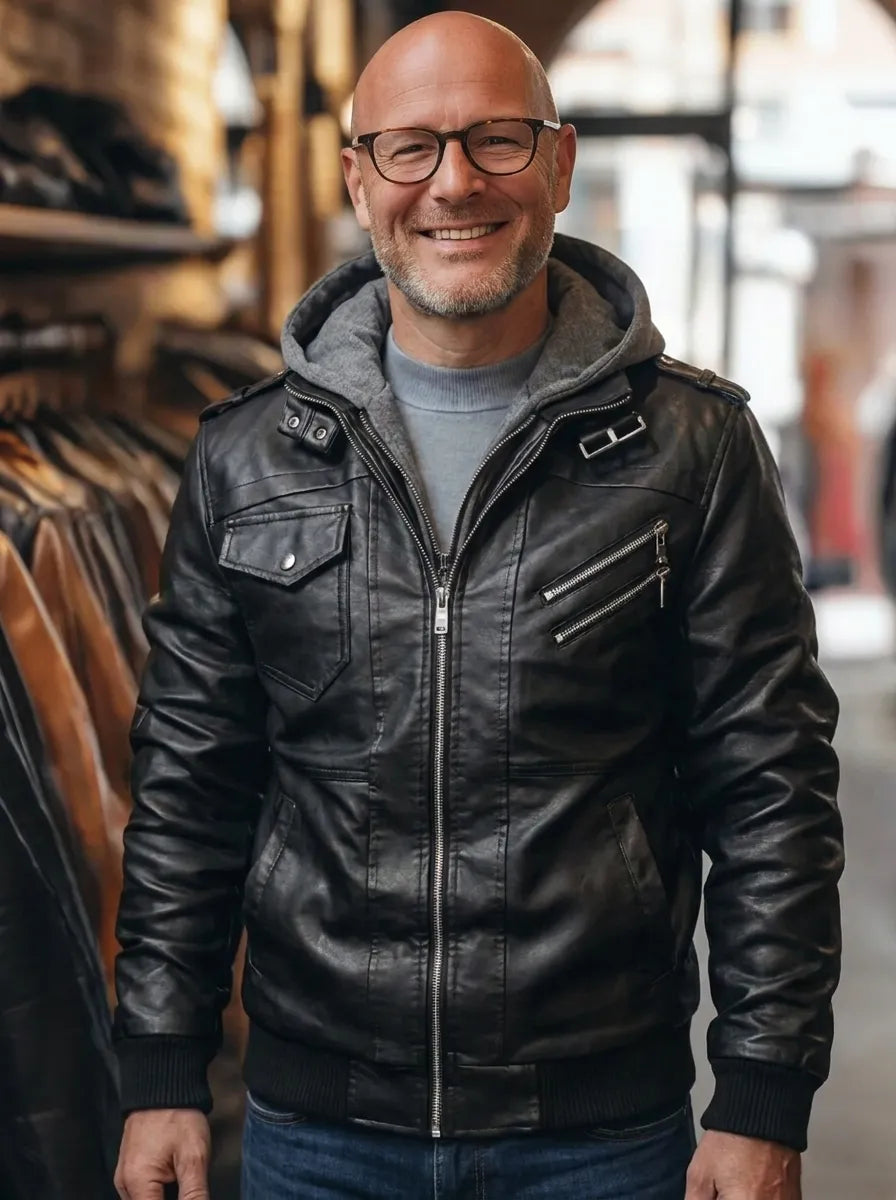Men's Hooded Leather Jacket with Contemporary Cut | L&S - 1 - London-stylehouse.com