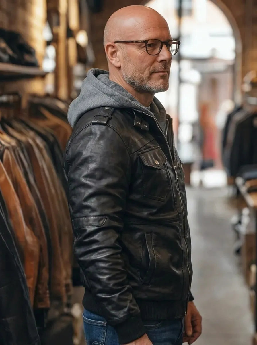Men's Hooded Leather Jacket with Contemporary Cut | L&S - 2 - London-stylehouse.com