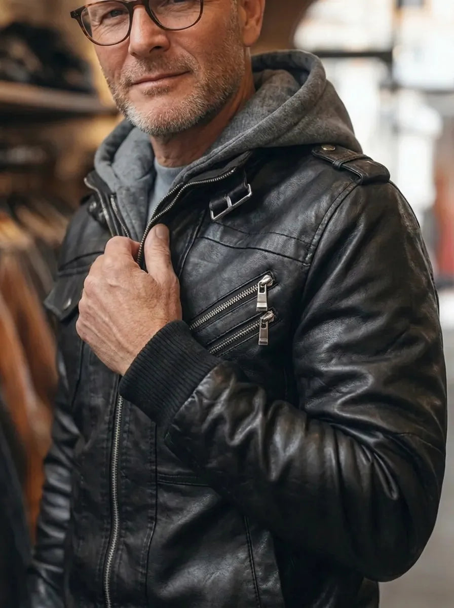 Men's Hooded Leather Jacket with Contemporary Cut | L&S - 3 - London-stylehouse.com