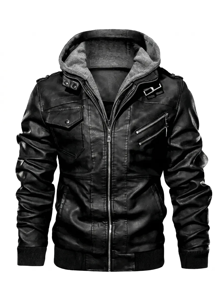 Men's Hooded Leather Jacket with Contemporary Cut | L&S - 4 - London-stylehouse.com