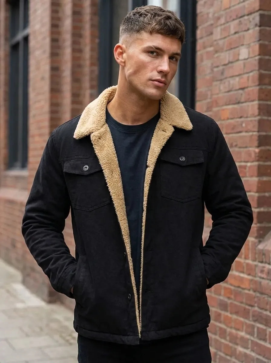 Men's Casual Jacket with Teddy Fur Collar and Button Front | L&S - 1 - London-stylehouse.com