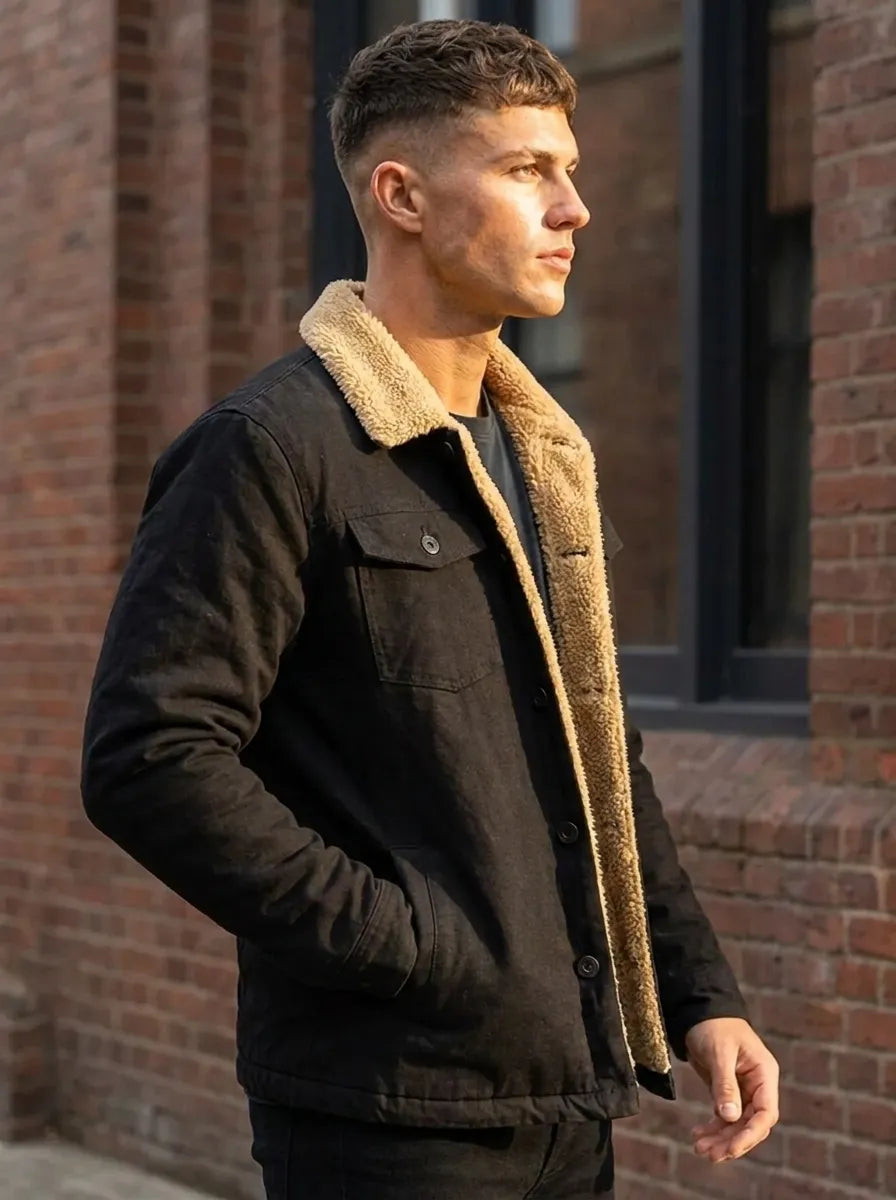 Men's Casual Jacket with Teddy Fur Collar and Button Front | L&S - 2 - London-stylehouse.com