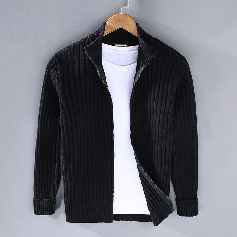 Men's Ribbed Cardigan with Stand-Up Collar | L&S - 1 - London-stylehouse.com