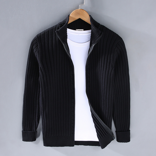 Men's Ribbed Cardigan with Stand-Up Collar | L&S - 1 - London-stylehouse.com