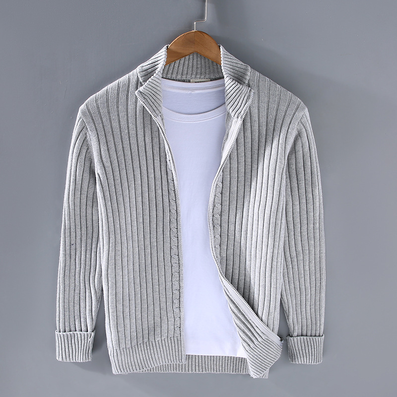Men's Ribbed Cardigan with Stand-Up Collar | L&S - 2 - London-stylehouse.com