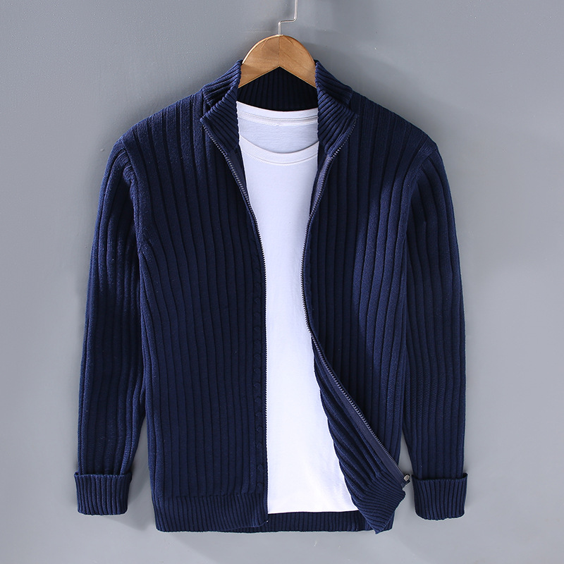 Men's Ribbed Cardigan with Stand-Up Collar | L&S - 4 - London-stylehouse.com