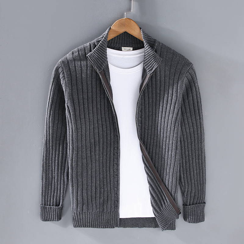 Men's Ribbed Cardigan with Stand-Up Collar | L&S - 5 - London-stylehouse.com