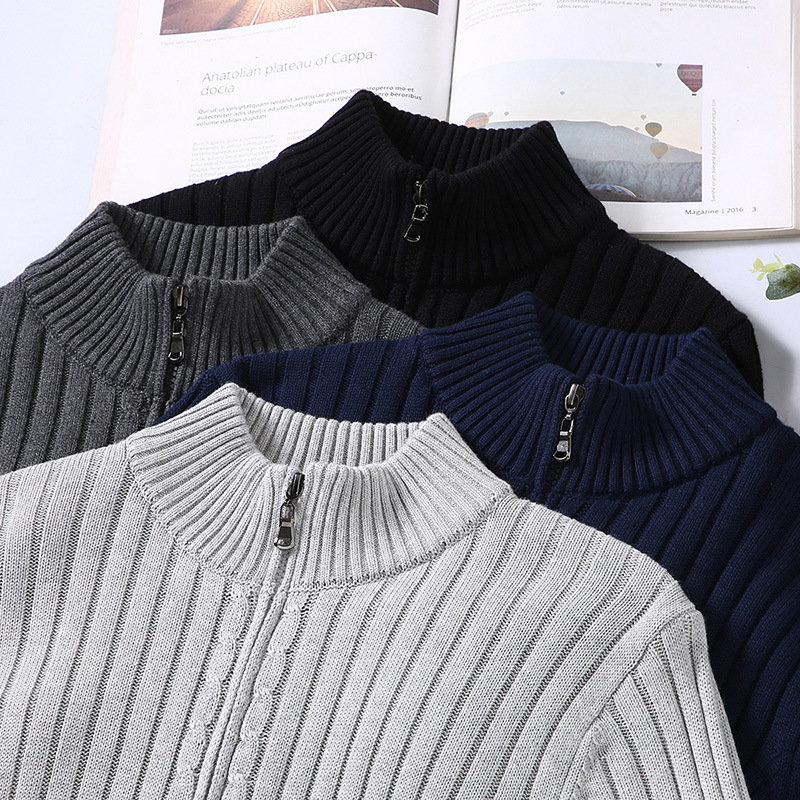 Men's Ribbed Cardigan with Stand-Up Collar | L&S - 7 - London-stylehouse.com