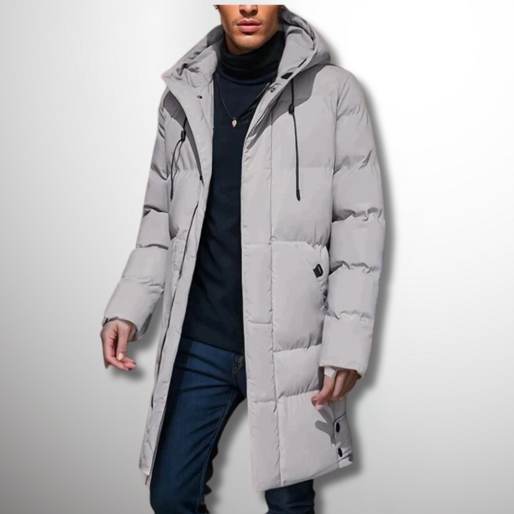 Men's Long Hooded Puffer Jacket with Functional Pockets | L&S - 1 - London-stylehouse.com