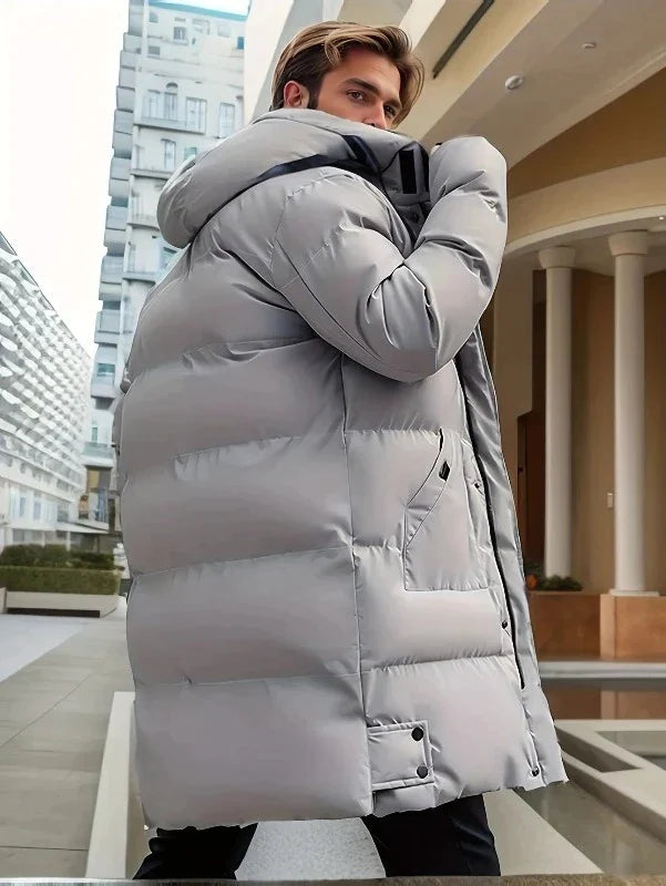 Men's Long Hooded Puffer Jacket with Functional Pockets | L&S - 3 - London-stylehouse.com
