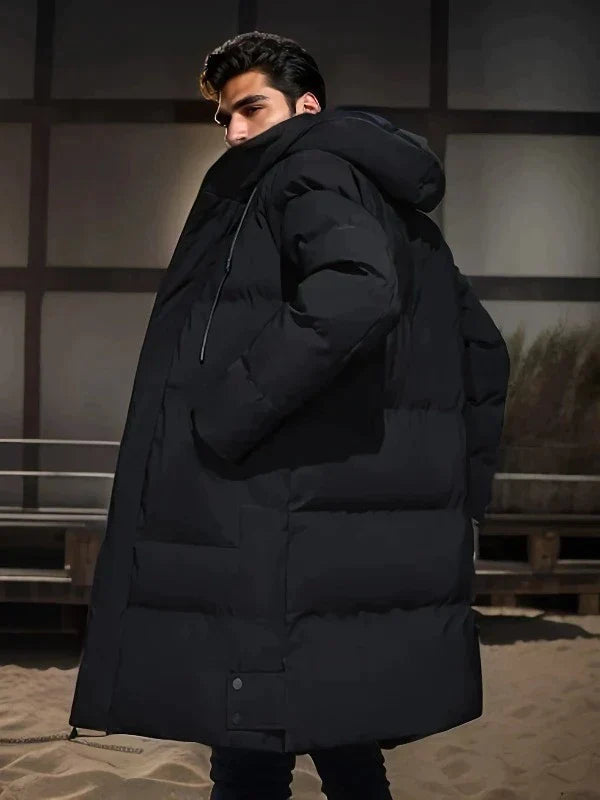Men's Long Hooded Puffer Jacket with Functional Pockets | L&S - 10 - London-stylehouse.com